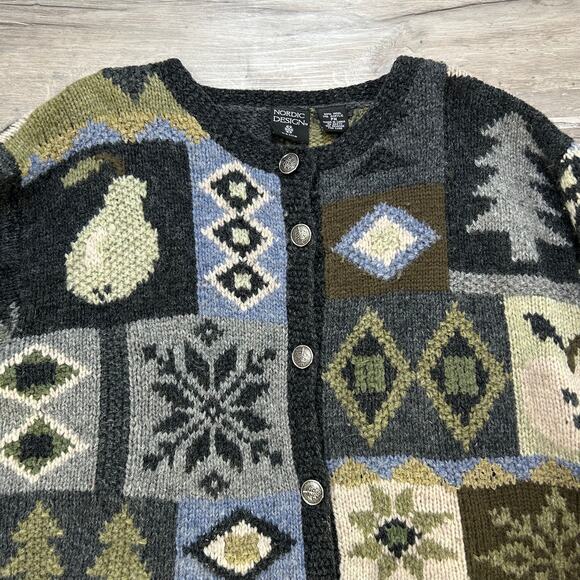 Nordic Design Wool Blend Cardigan Sweater Forest Patchwork Folkcore PM Petite - Picture 2 of 7